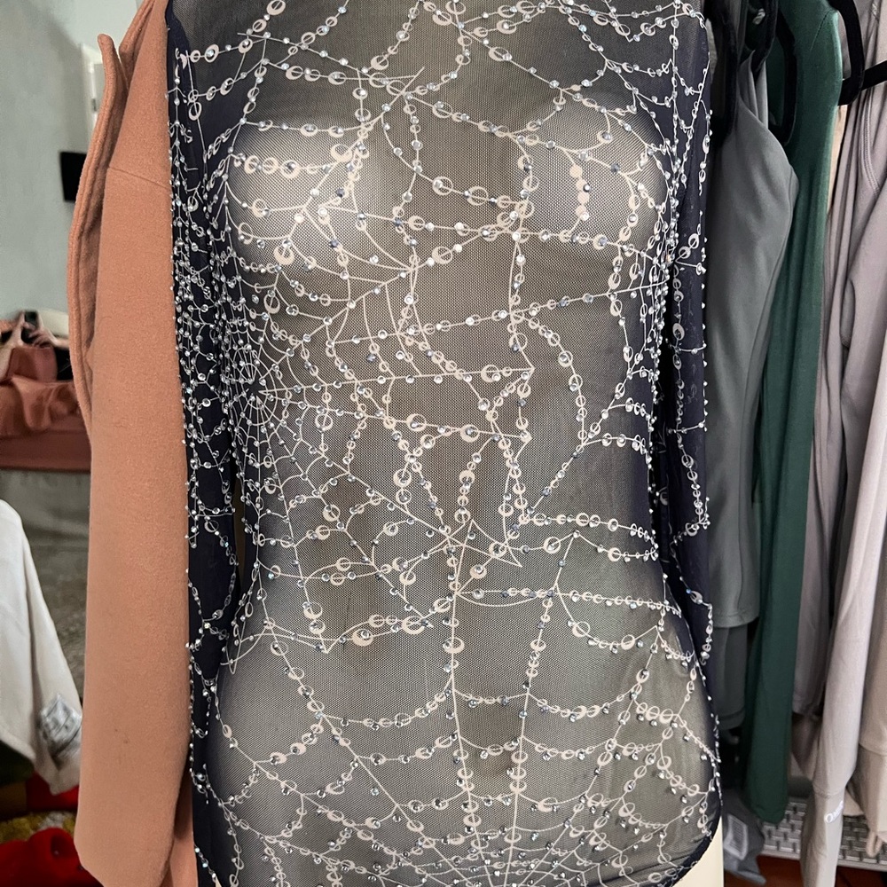 Sheer Black spiderweb Print Mesh Top